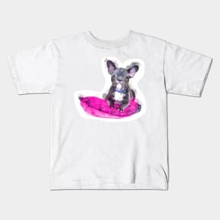 Cute Black And White Bulldog Puppy On A Pink Cusion Digital Portrait Kids T-Shirt